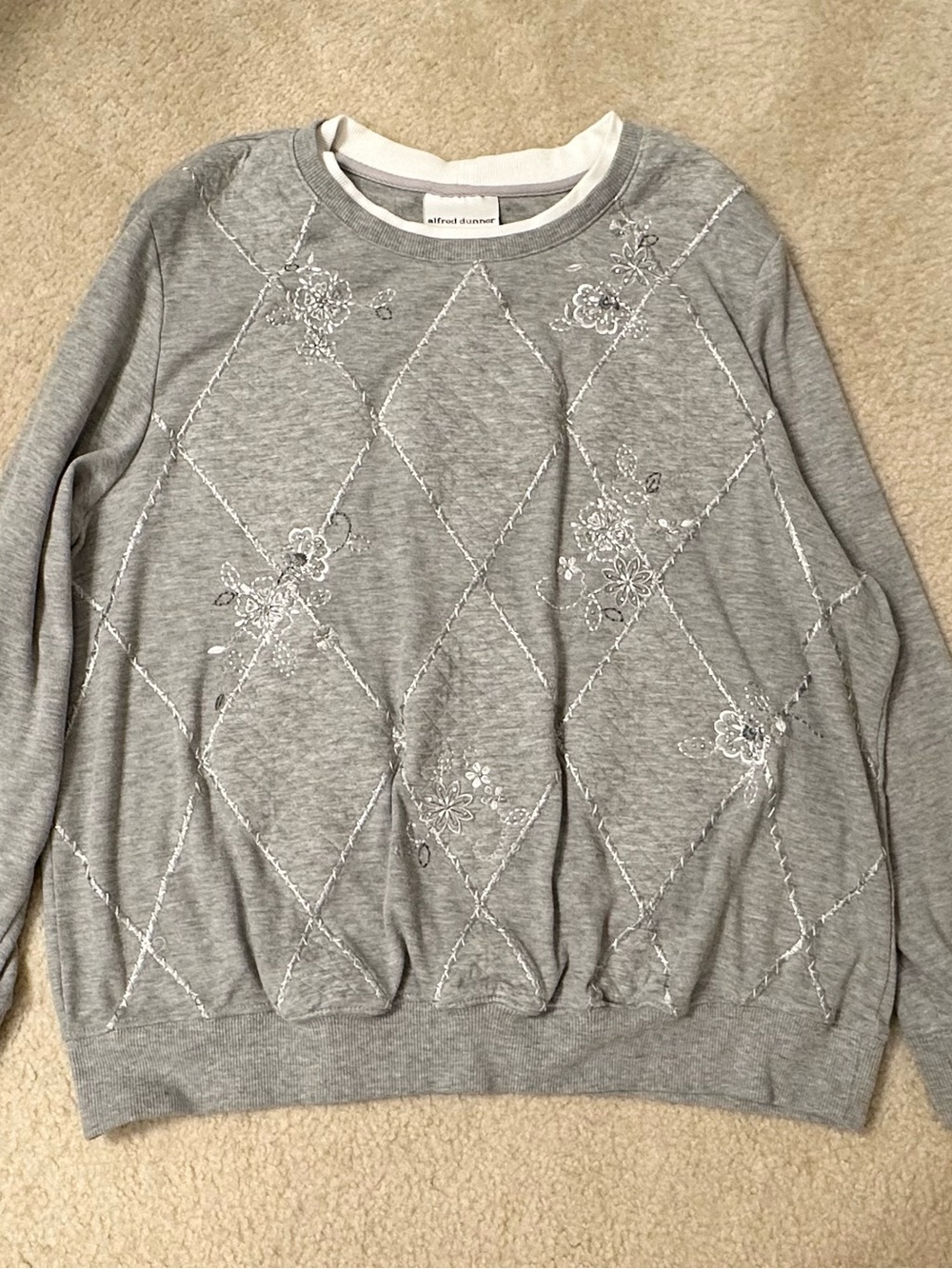 Alfred Dunner Light Gray Diamond-Quilt Embroidered Crewneck Sweater